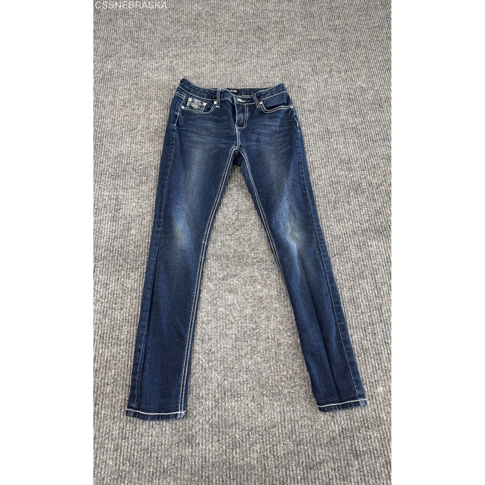 ZCO Jeans Girls Dark Wash Skinny Jeans Embroidered Rhinestone Flap Pockets Sz 14
